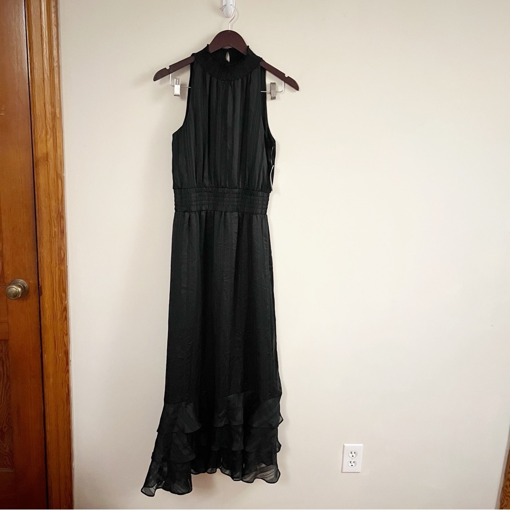 Rachel Roy Black Metallic Maxi Satin Dress High Neck NEW Size Medium Stretch